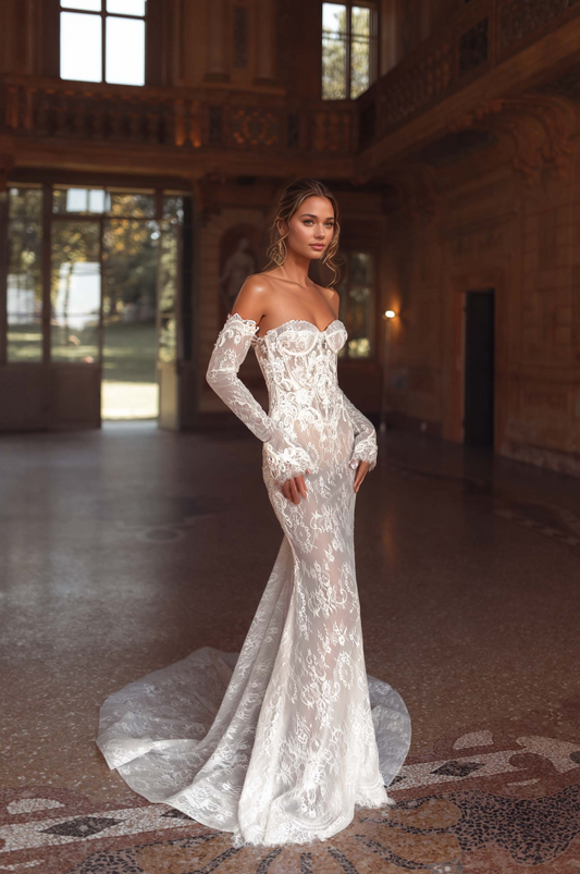 Romantic Sheer Lace Off-Shoulder Wedding Gown with Corset Bodice