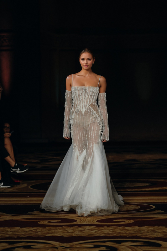 Luxurious Beaded Sheer Corset Wedding Dress with Detachable Sleeves & Tulle Train