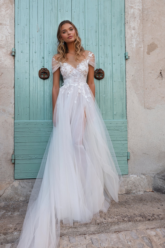 Ethereal Tulle A-Line Wedding Dress with Draped Sleeves & Floral Appliqués