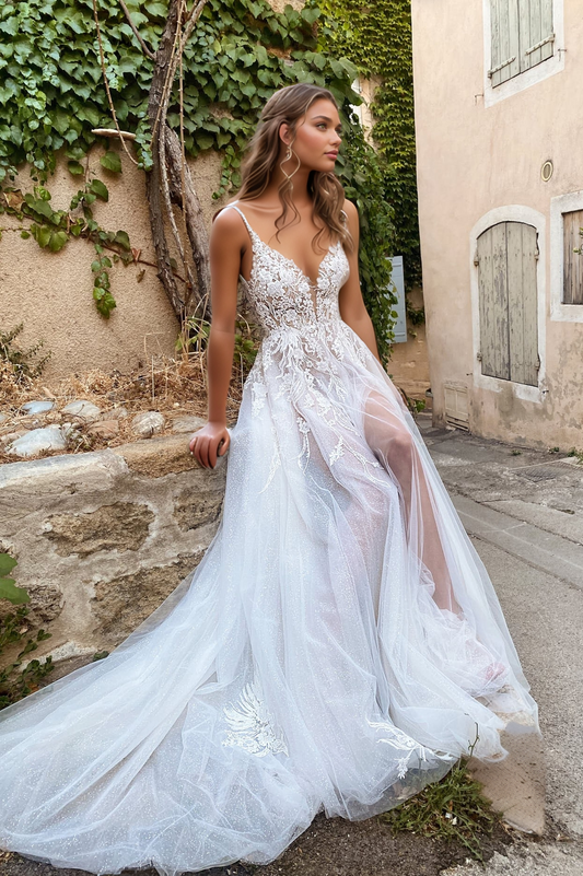 Sparkling Lace & Tulle A-Line Wedding Dress with Plunging Neckline & High Slit