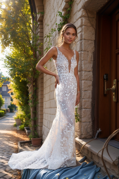 Ethereal Sheer Lace Wedding Dress with Plunging Neckline & Flowing Tulle Train