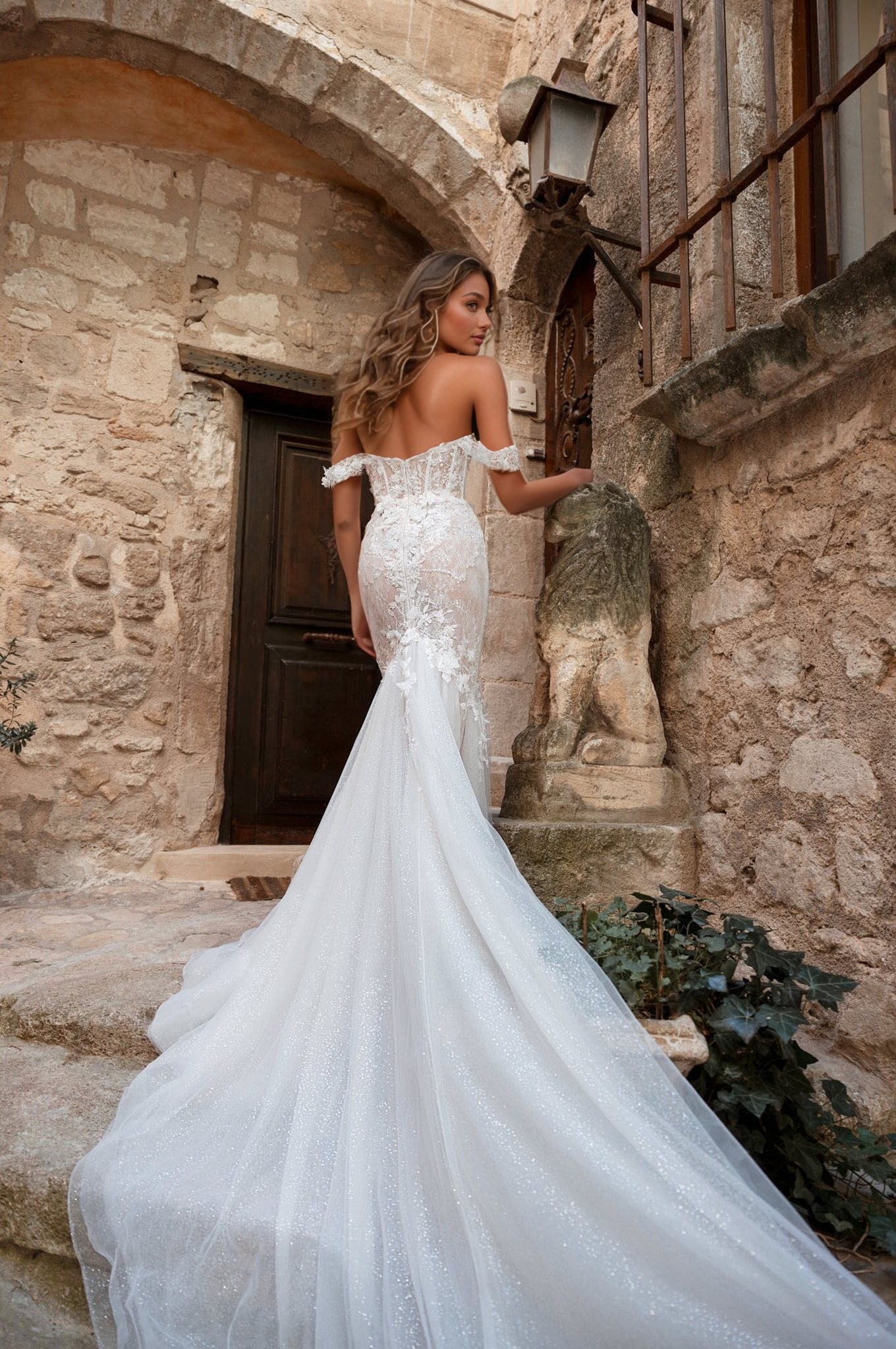 Glamorous Off-Shoulder Corset Mermaid Wedding Dress with Sparkling Tulle Train