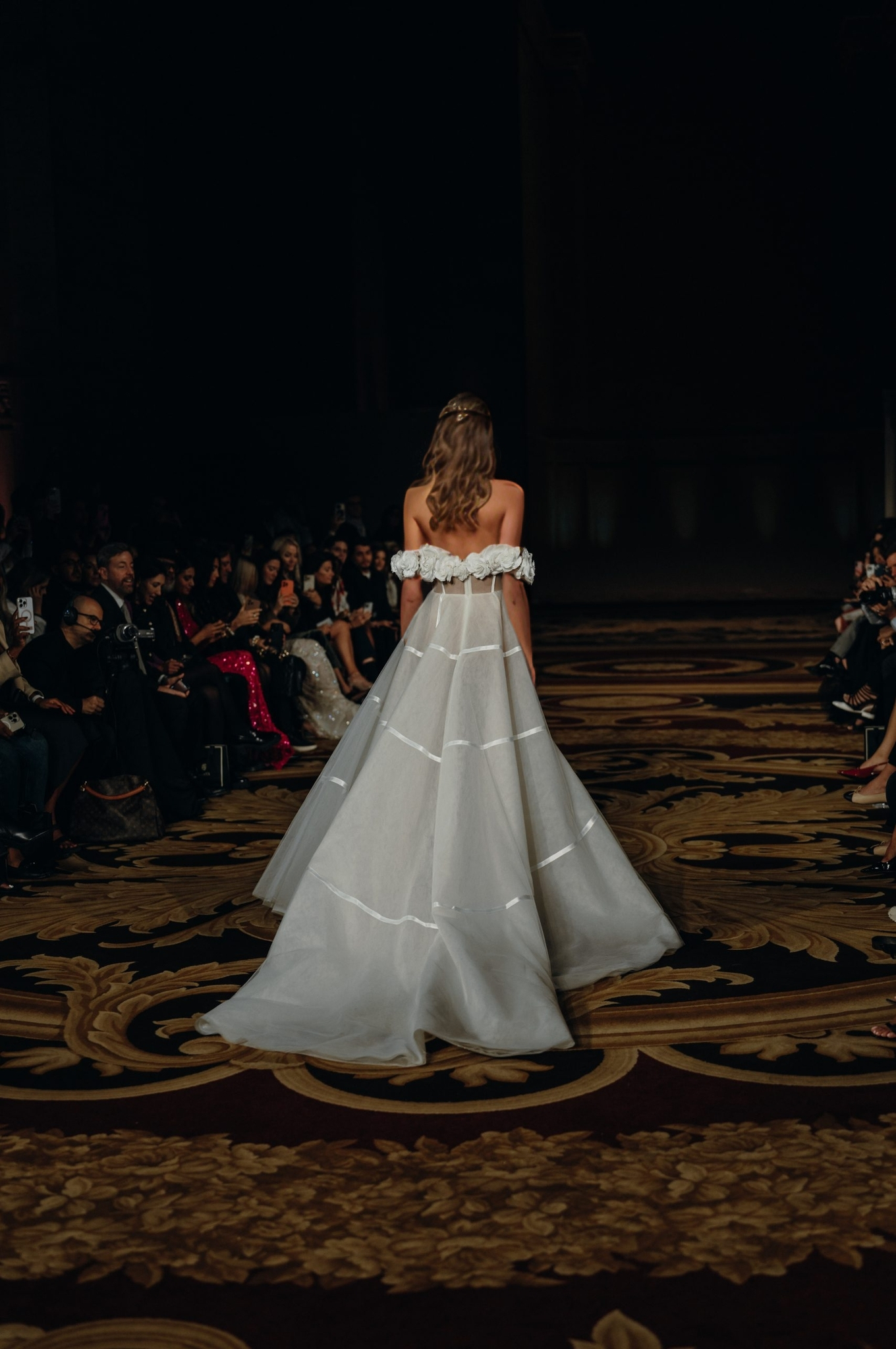 Ethereal Strapless Corset Wedding Gown with 3D Floral Off-Shoulder Detail