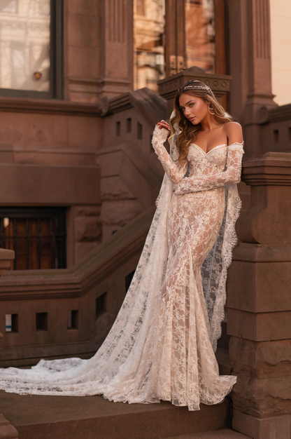 Romantic Off-Shoulder Lace Wedding Dress with Sheer Sleeves & Cathedral Train