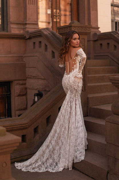 Romantic Off-Shoulder Lace Wedding Dress with Sheer Sleeves & Cathedral Train