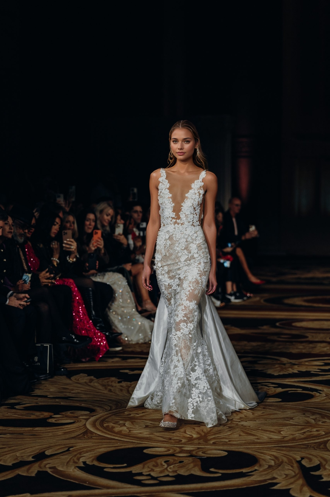 Glamorous Sheer Lace Plunge Wedding Gown with 3D Floral Appliqués & Detachable Train