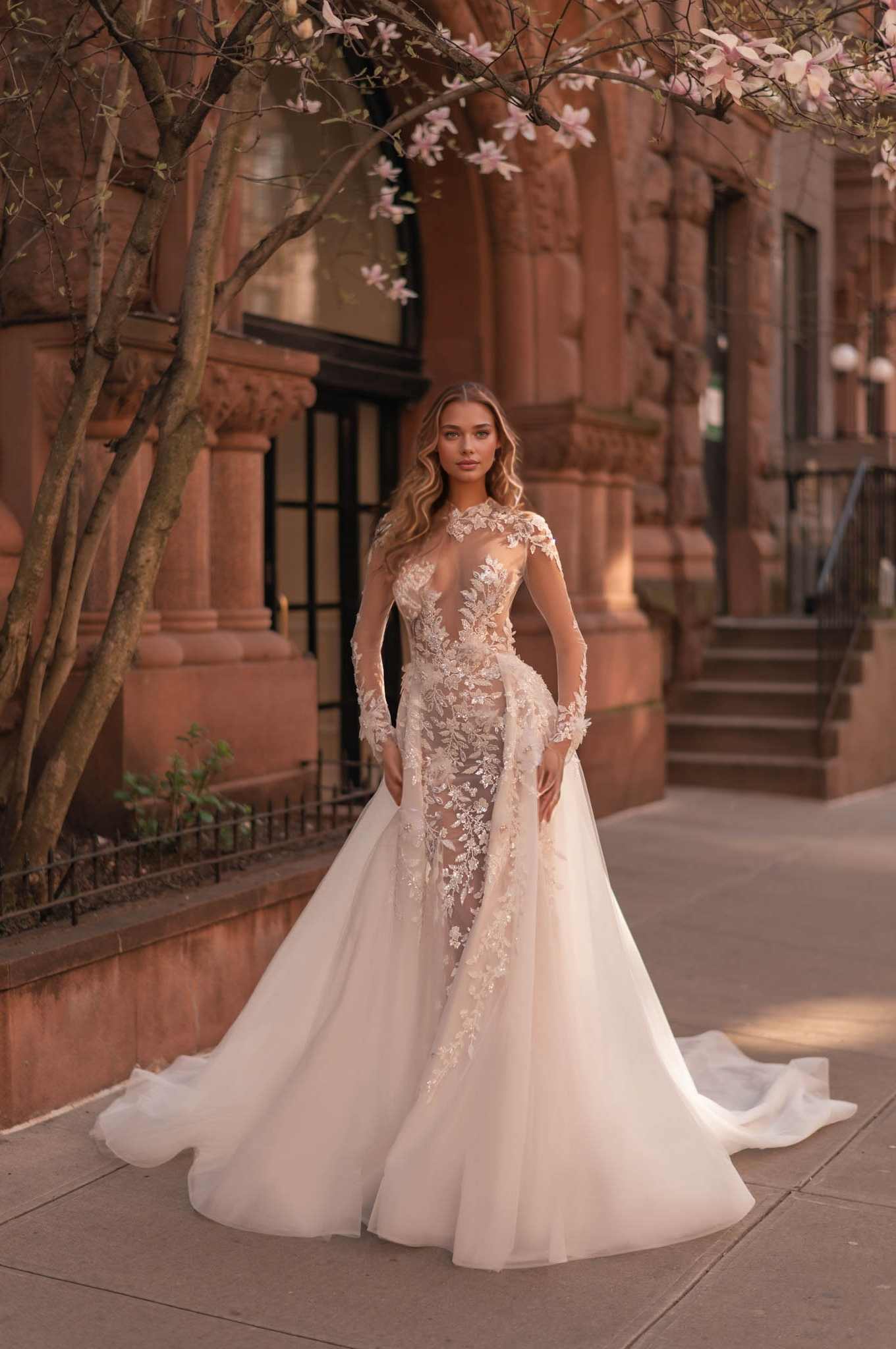 Ethereal Sheer Lace Wedding Gown with Floral Appliqués & Detachable Tulle Overskirt