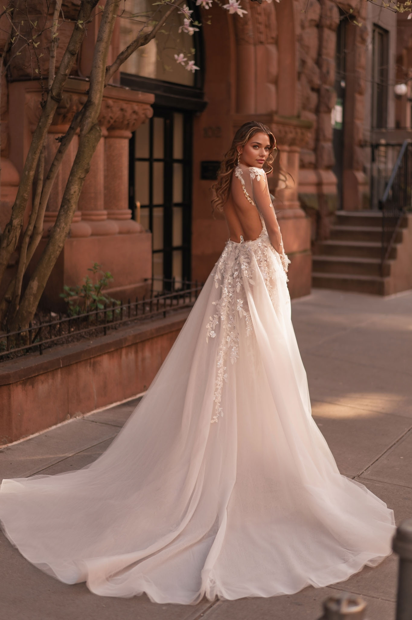 Ethereal Sheer Lace Wedding Gown with Floral Appliqués & Detachable Tulle Overskirt