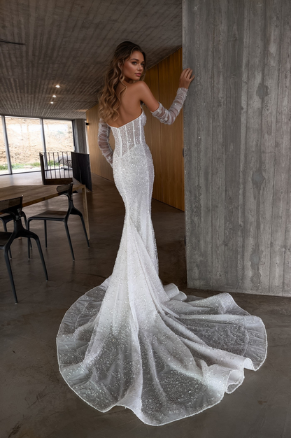 Sparkling Beaded Corset Wedding Dress with Detachable Sheer Sleeves