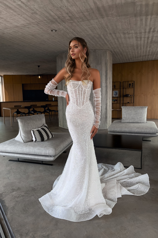 Sparkling Beaded Corset Wedding Dress with Detachable Sheer Sleeves