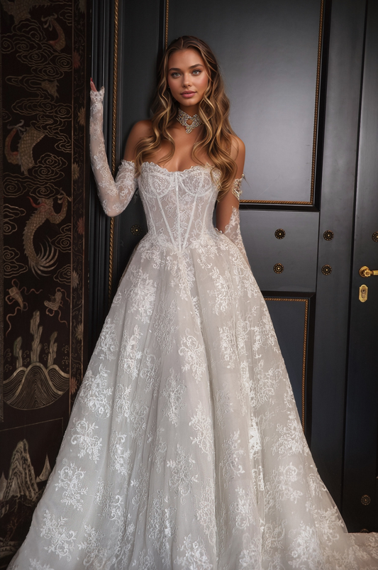 Romantic Vintage Lace Corset Wedding Dress with Off-Shoulder Sleeves