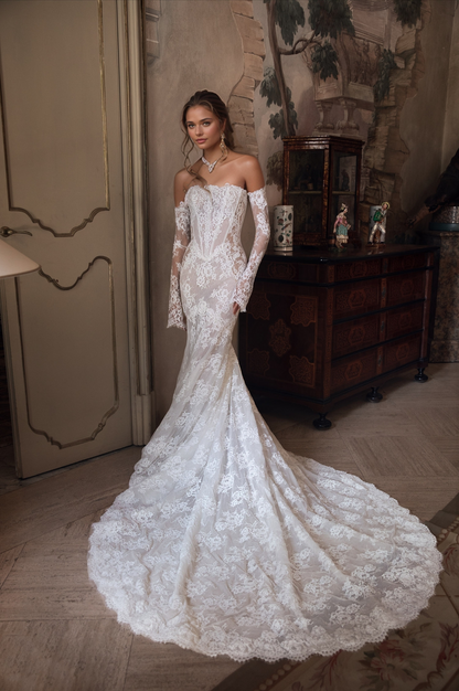 Vintage Lace Off-Shoulder Mermaid Wedding Dress with Detachable Sleeves