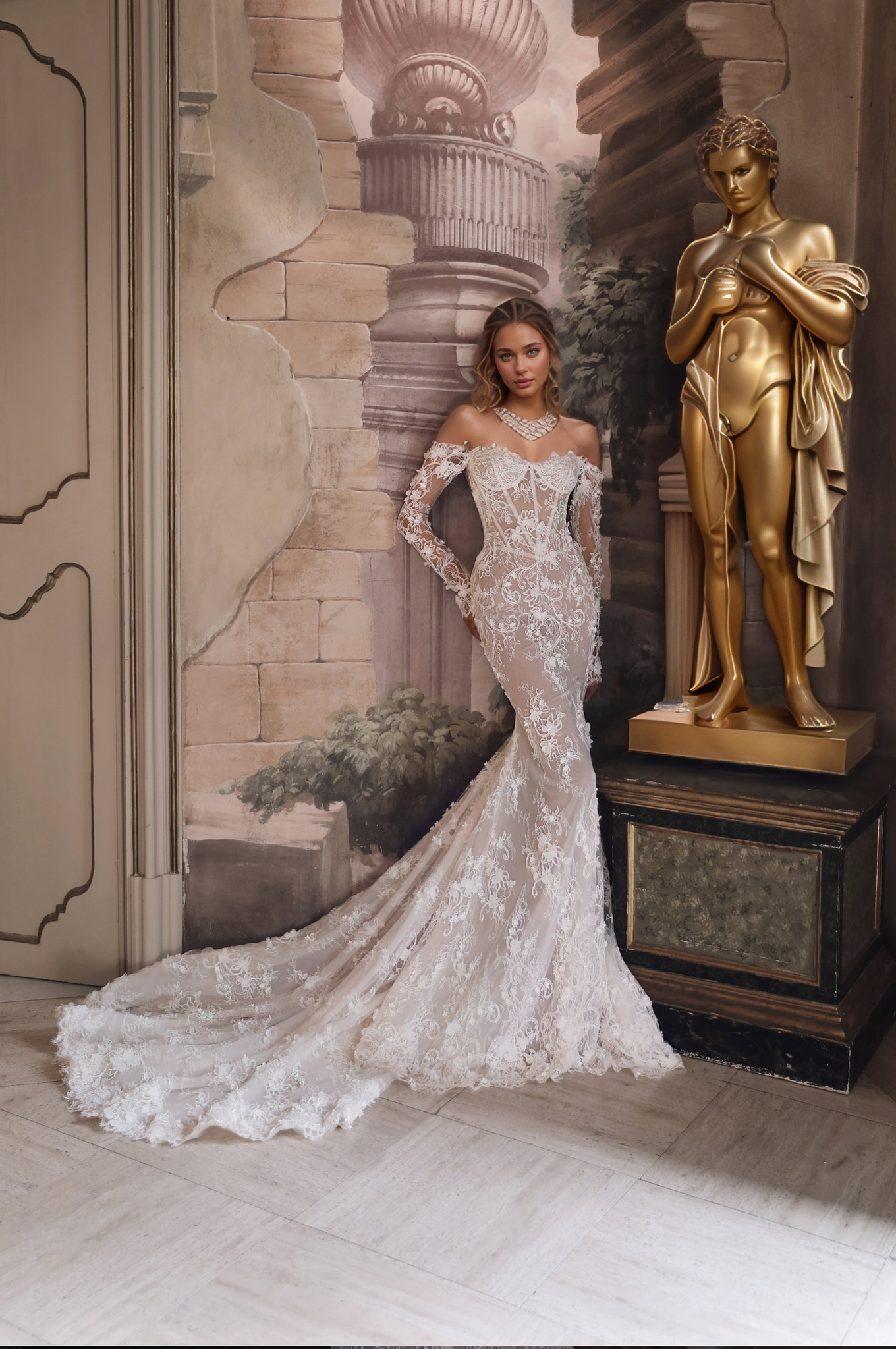 Sheer Lace Off-Shoulder Mermaid Wedding Dress with Illusion Cutouts