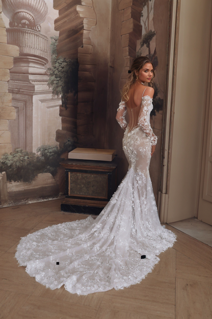 Sheer Lace Off-Shoulder Mermaid Wedding Dress with Illusion Cutouts