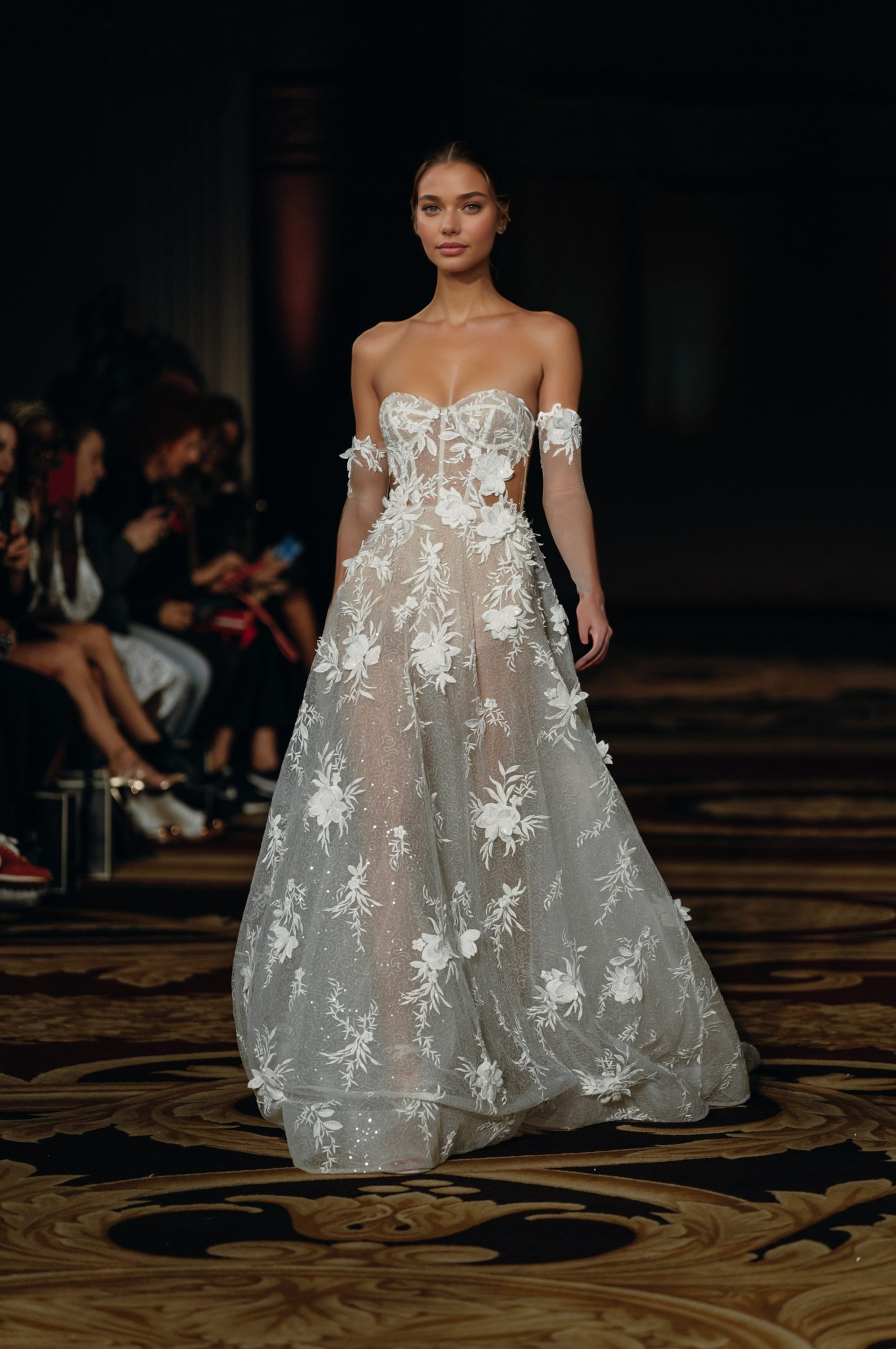 Sheer Corset A-Line Wedding Dress with 3D Floral Appliqués & Detachable Sleeves