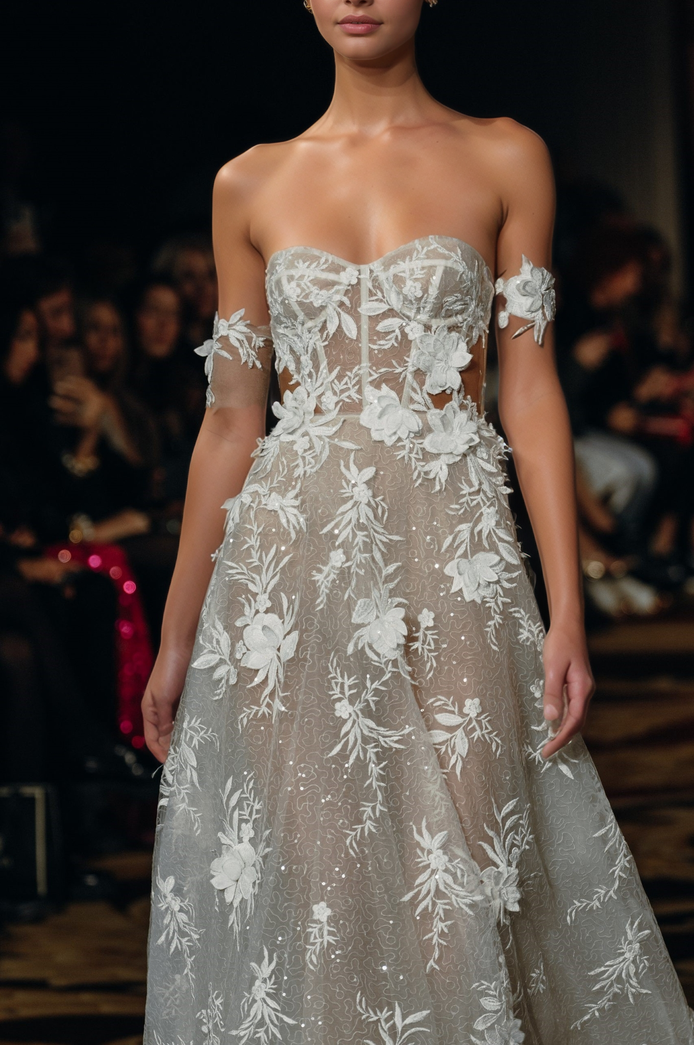 Sheer Corset A-Line Wedding Dress with 3D Floral Appliqués & Detachable Sleeves