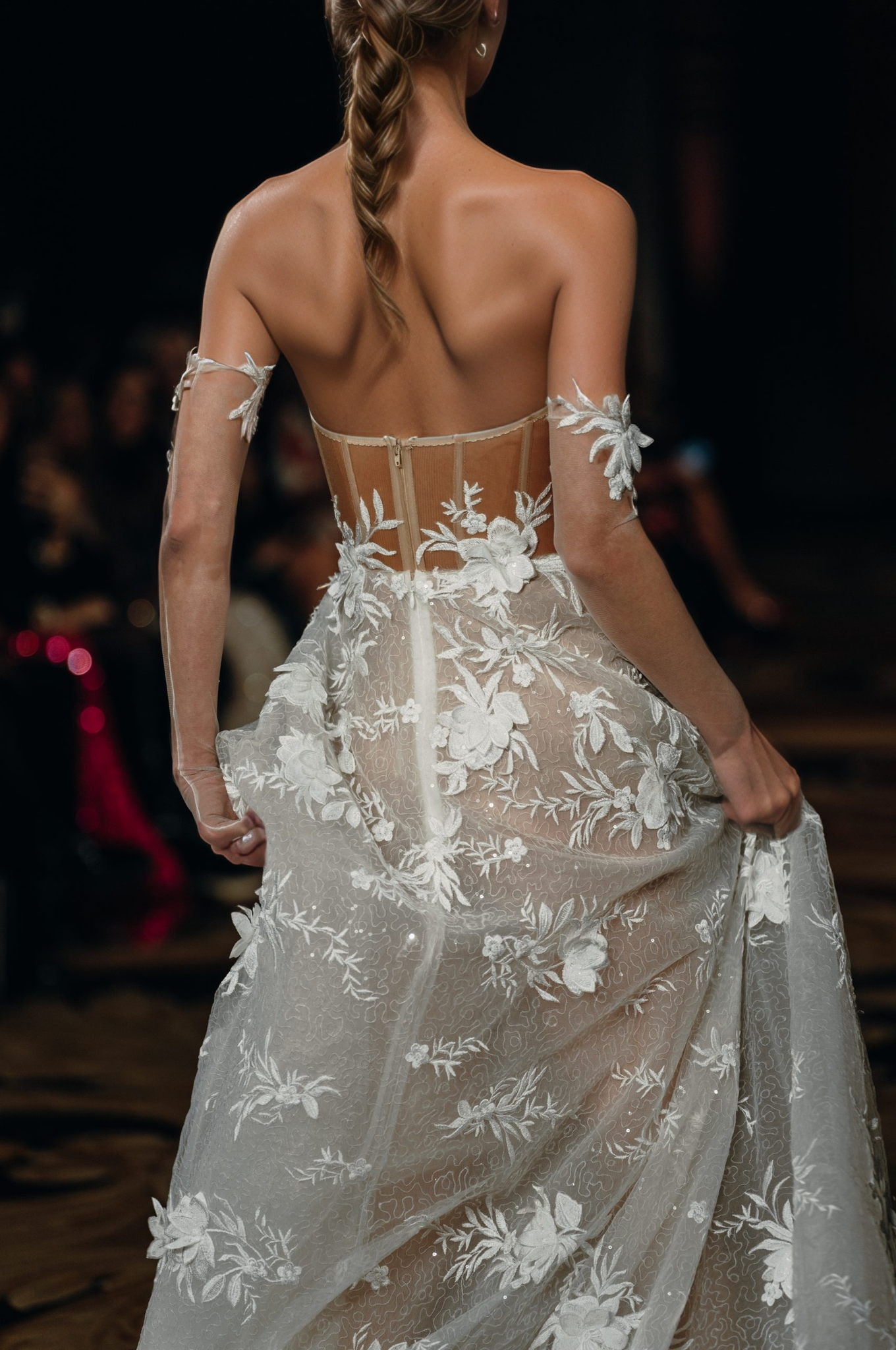 Sheer Corset A-Line Wedding Dress with 3D Floral Appliqués & Detachable Sleeves