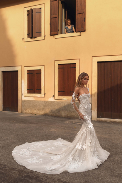 Elegant Off-Shoulder Lace Mermaid Wedding Dress with Sheer Sleeves & Floral Appliqués