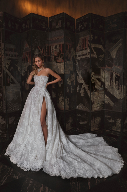 Regal Strapless Lace Corset Wedding Dress with High Slit & Cathedral Train