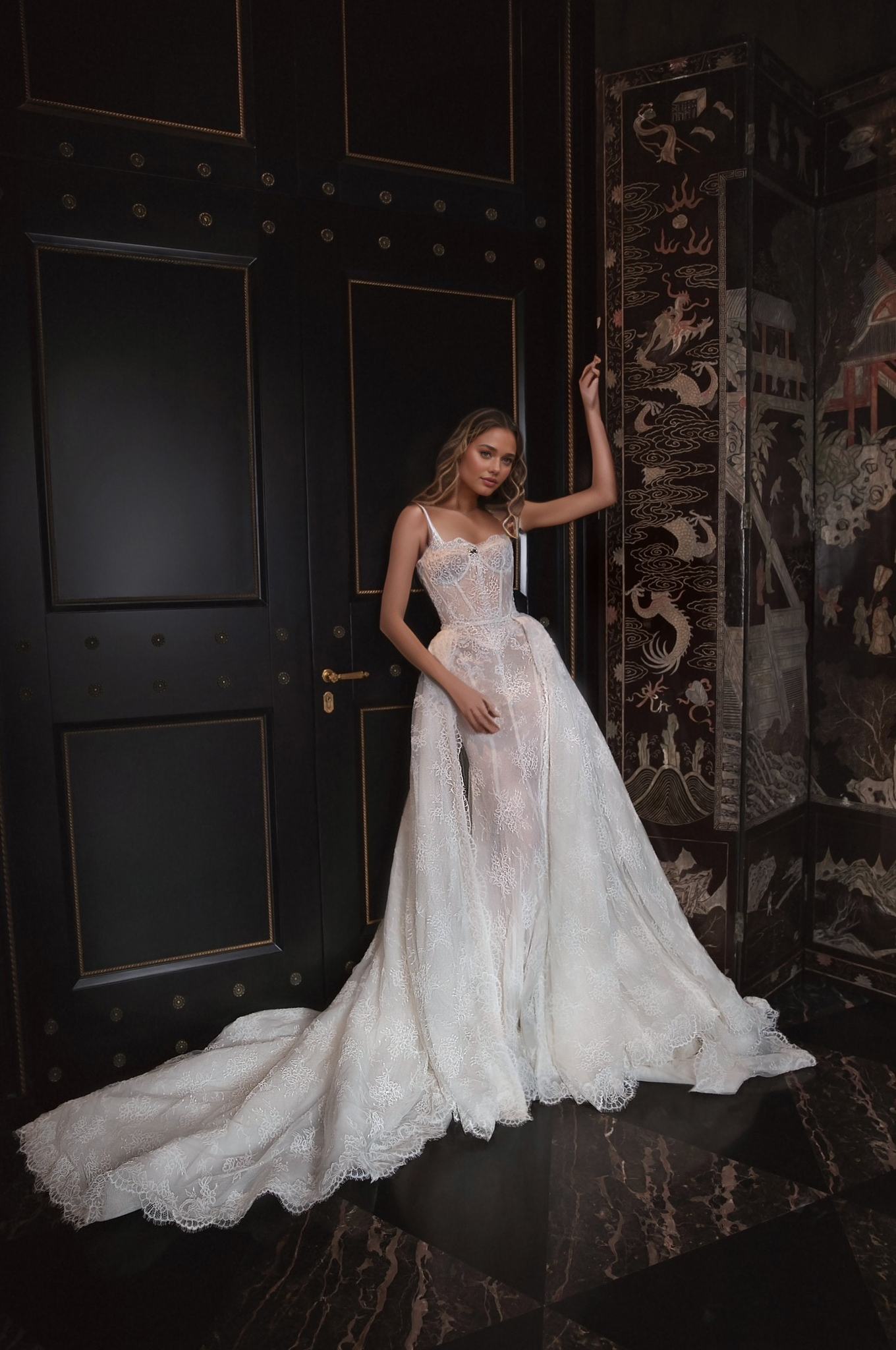 Ethereal Sheer Lace Corset Wedding Dress with Delicate Straps & Flowing Train