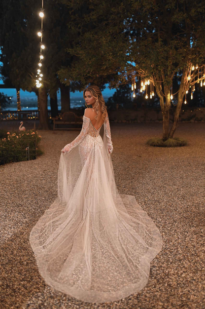 Glamorous Sheer Beaded Off-Shoulder Wedding Gown with Draped Sleeves