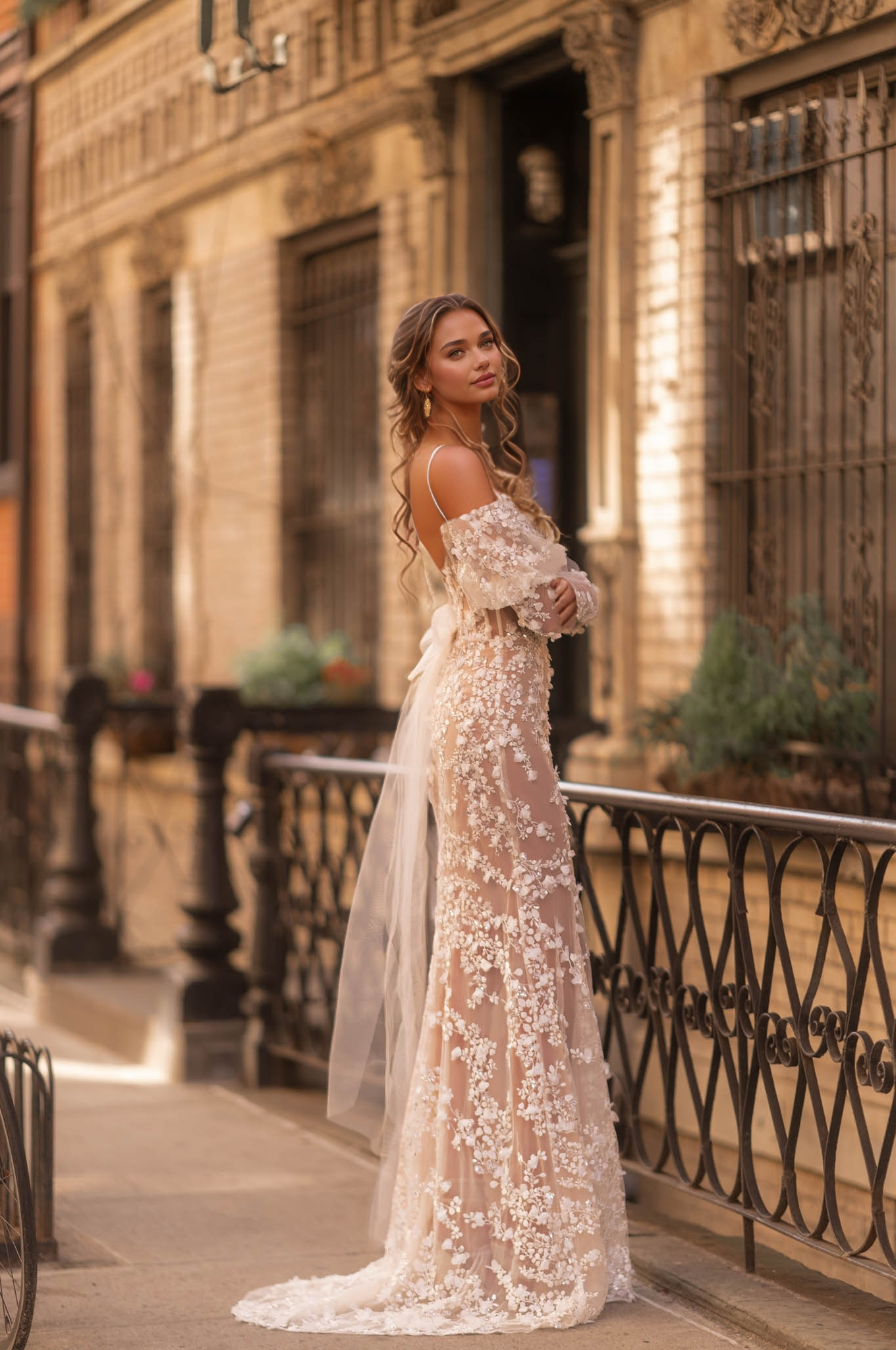 Romantic Sheer Floral Appliqué Off-Shoulder Wedding Dress with Long Sleeves