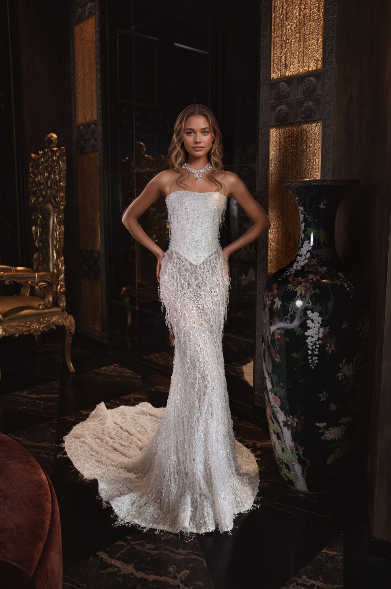 Glamorous Strapless Beaded Corset Wedding Gown with Sparkling Fringe and Dramatic Train