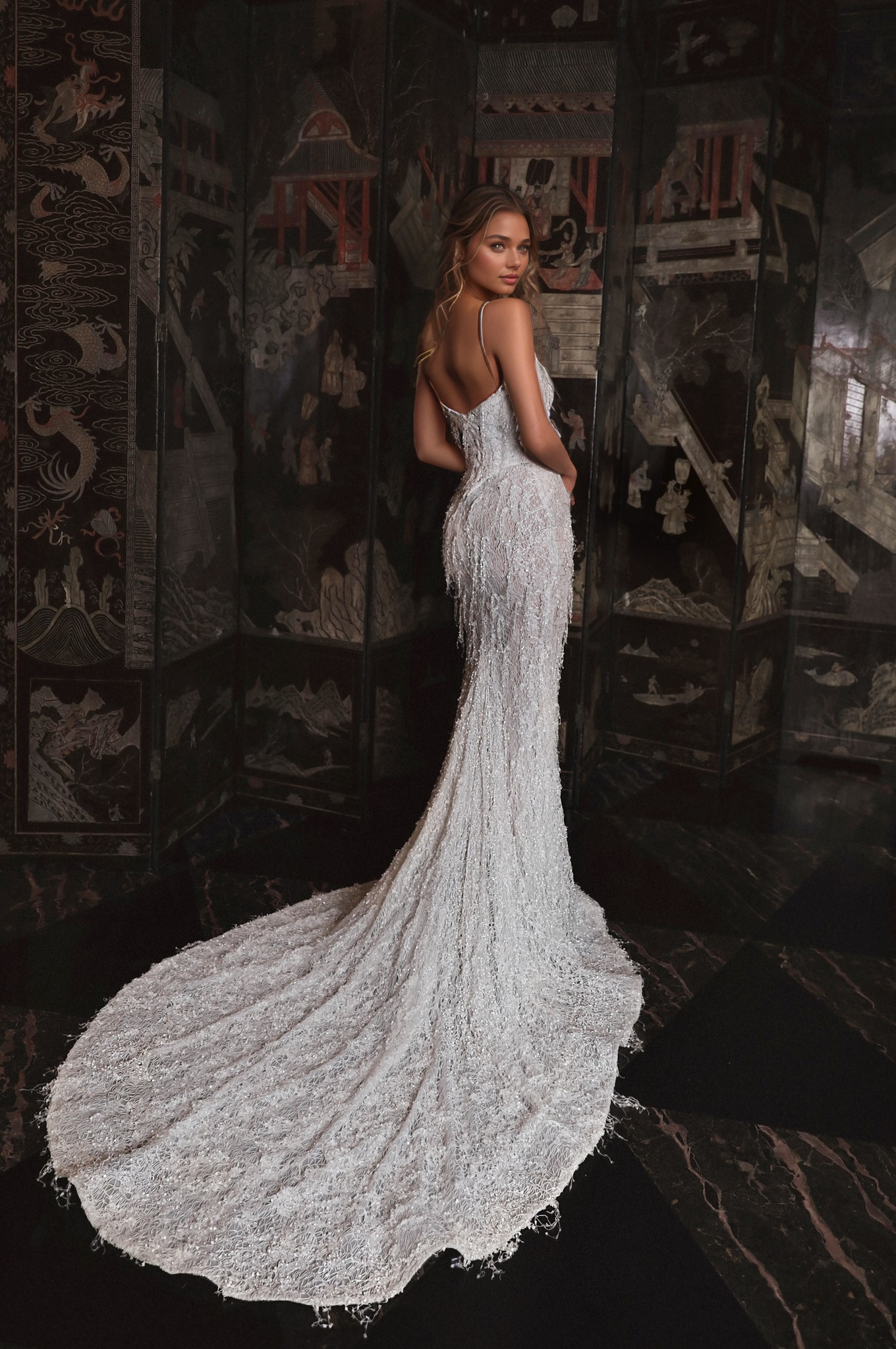 Glamorous Strapless Beaded Corset Wedding Gown with Sparkling Fringe and Dramatic Train