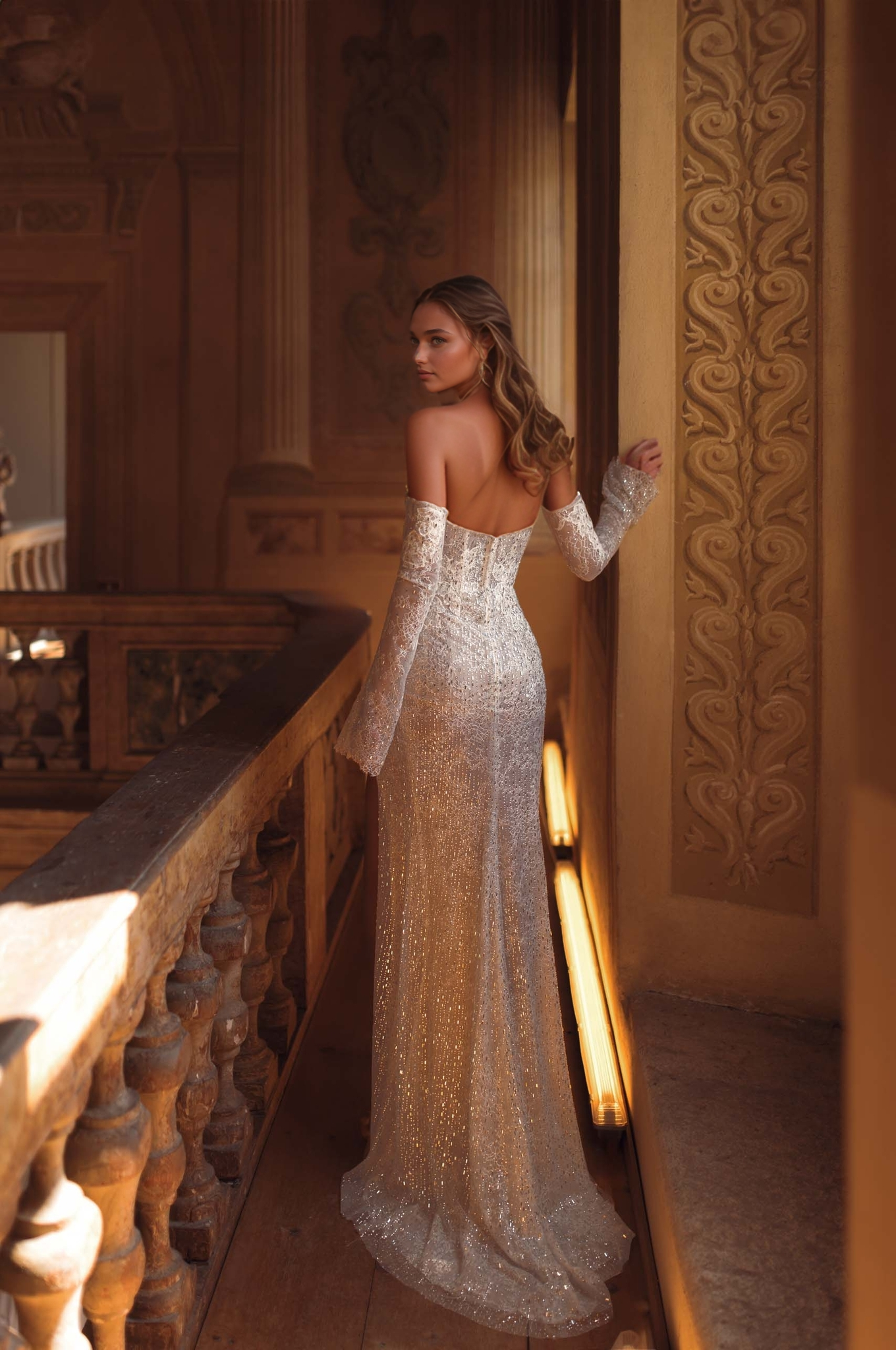 Sparkling Gold Off-Shoulder Wedding Gown with High Slit & Detachable Sleeves