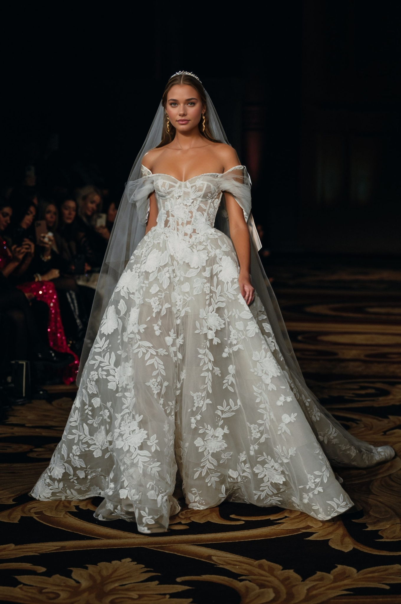 Luxe Off-Shoulder Floral Lace Corset Wedding Gown with Cathedral Veil