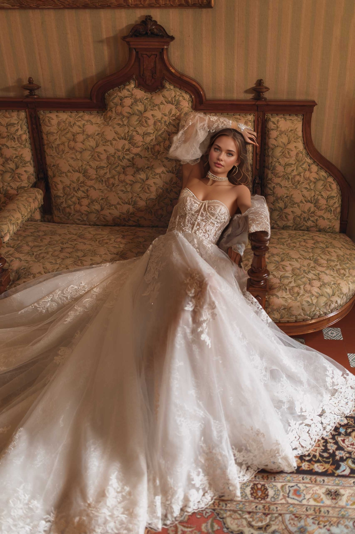 Romantic Off-Shoulder Lace Corset Wedding Gown with Long Train