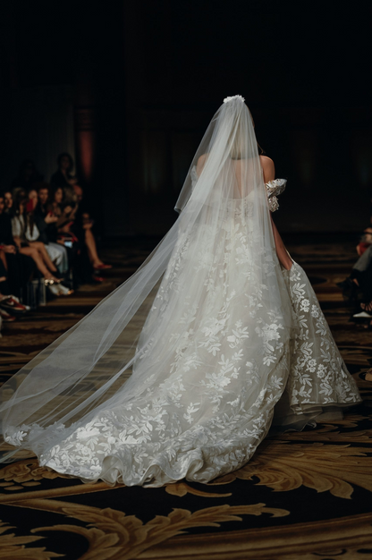 Luxe Off-Shoulder Floral Lace Corset Wedding Gown with Cathedral Veil