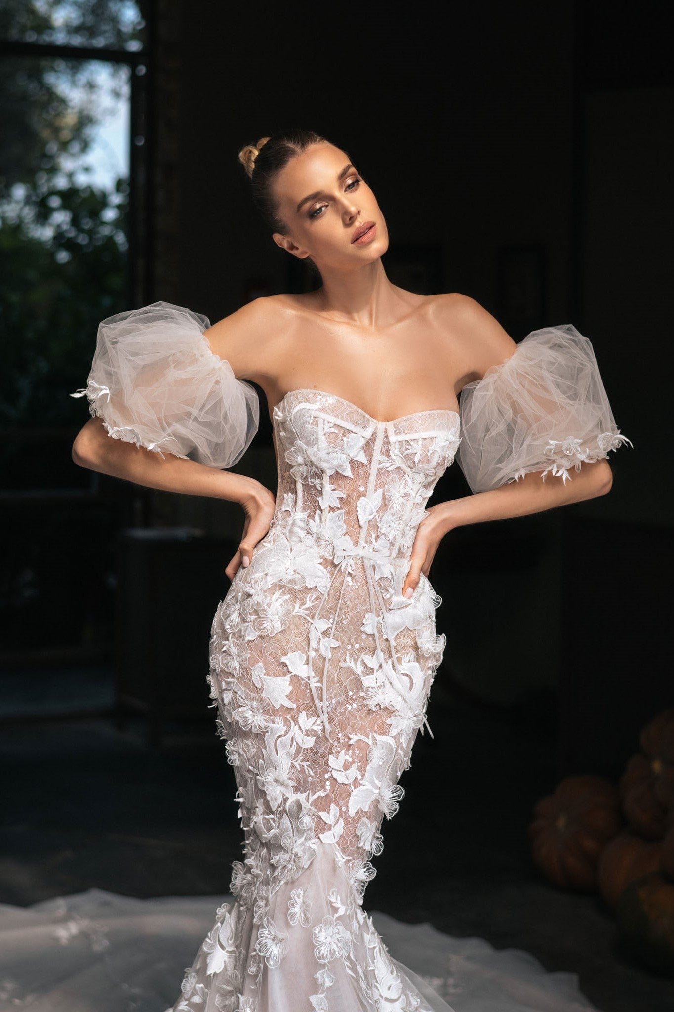 Sexy mermaid wedding dress with floral lace, Corset wedding dress with off white tulle