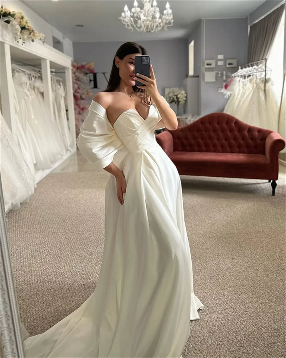 Elegant bespoke wedding dress with side slit and flowing train