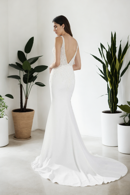 Custom Off-White Satin Mermaid Wedding Dress with Beading & Flared Train