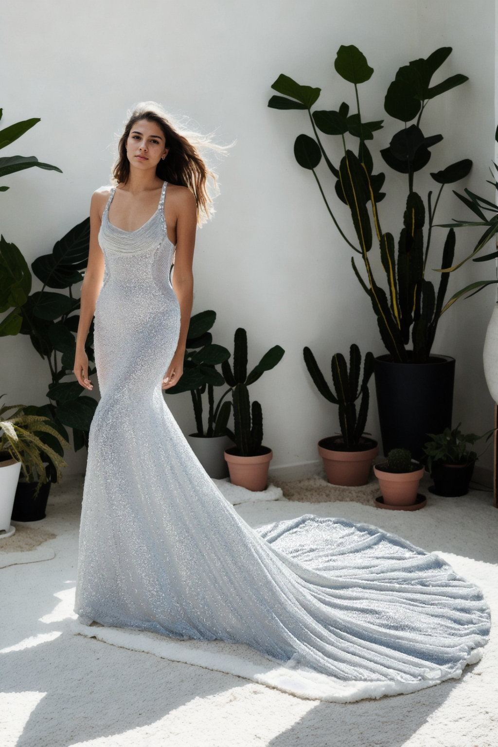 Trendy Custom Mermaid Bridal Gown In Soft Off-White Satin With Sparkling Beads, Scoop Neckline, Spaghetti Straps, Crisscross Back, And Beautiful Flared Long Train