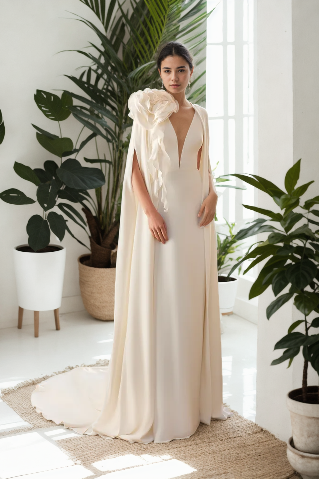 Trendy Custom A-Line Bridal Gown In Thick Ivory Satin With Deep V-Neck, Sleeveless Design, Open Back, And Long Floor-Length Train