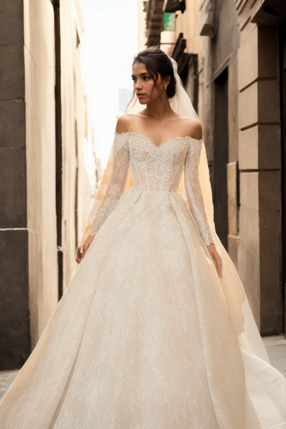 Off-Shoulder Lace Ball Gown Wedding Dress with Long Sleeves