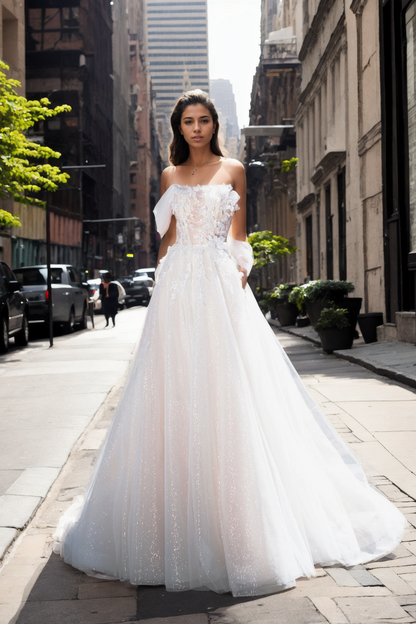 Personalized Luxurious A-Line Bridal Gown With Straight Neckline, Detached Sleeve, And Flowing Skirt In Premium Sparkling Ivory Floral Lace And Tulle