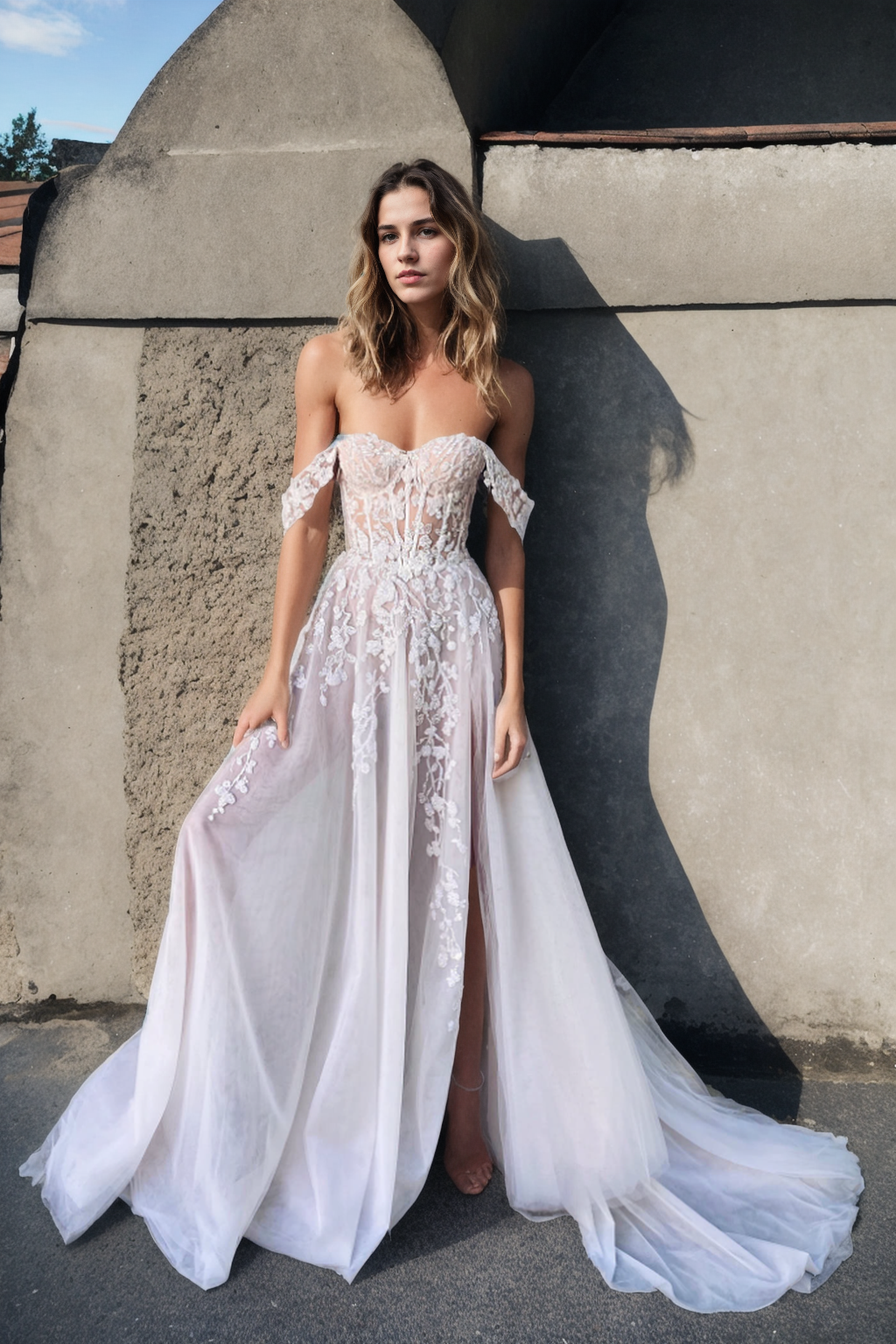 Personalized Boho A-Line Bridal Gown With Sweetheart Neckline, Off-White Sleeves, High Slit, And Flowing Tulle Train In Soft Ivory Tulle And Premium Floral Lace