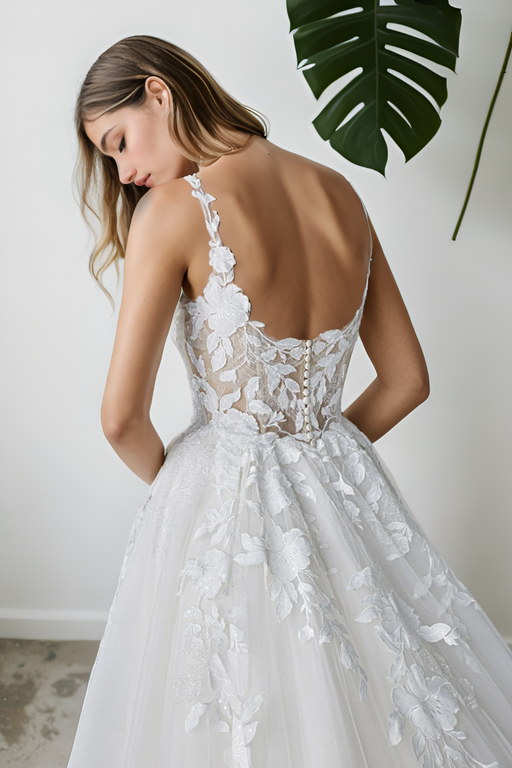 Romantic Custom A-Line Bridal Gown In Soft Tulle And Premium Off-White Floral Lace With Sweetheart Neckline, Spaghetti Straps, And Long Romantic Train