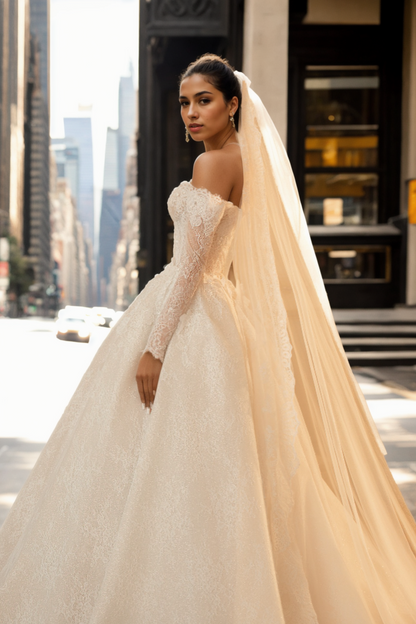 Off-Shoulder Lace Ball Gown Wedding Dress with Long Sleeves