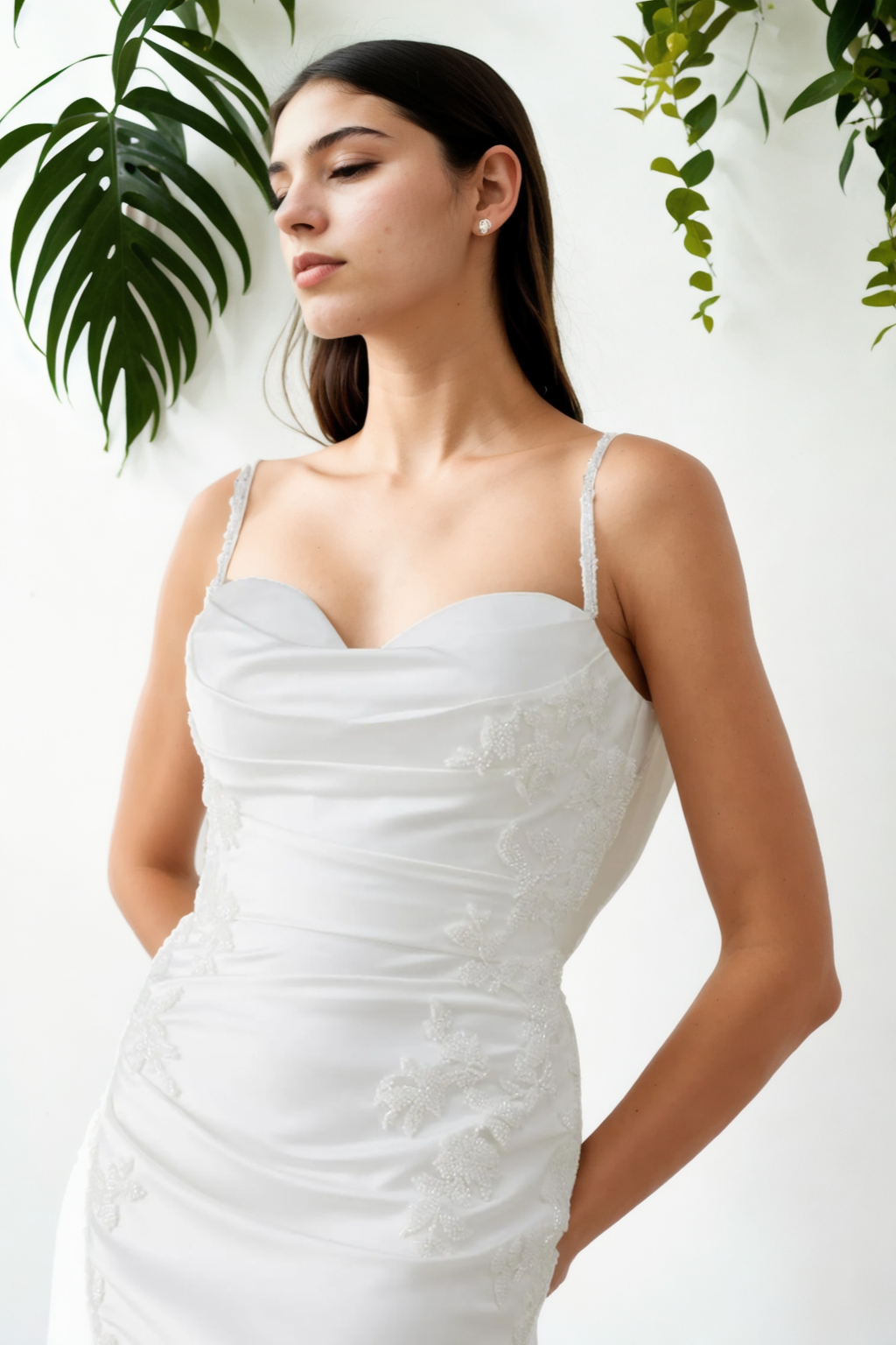 Minimalist Mermaid Bridal Gown With Sweetheart Neckline, Spaghetti Straps, Soft Flowing Train In Premium Off-White Satin