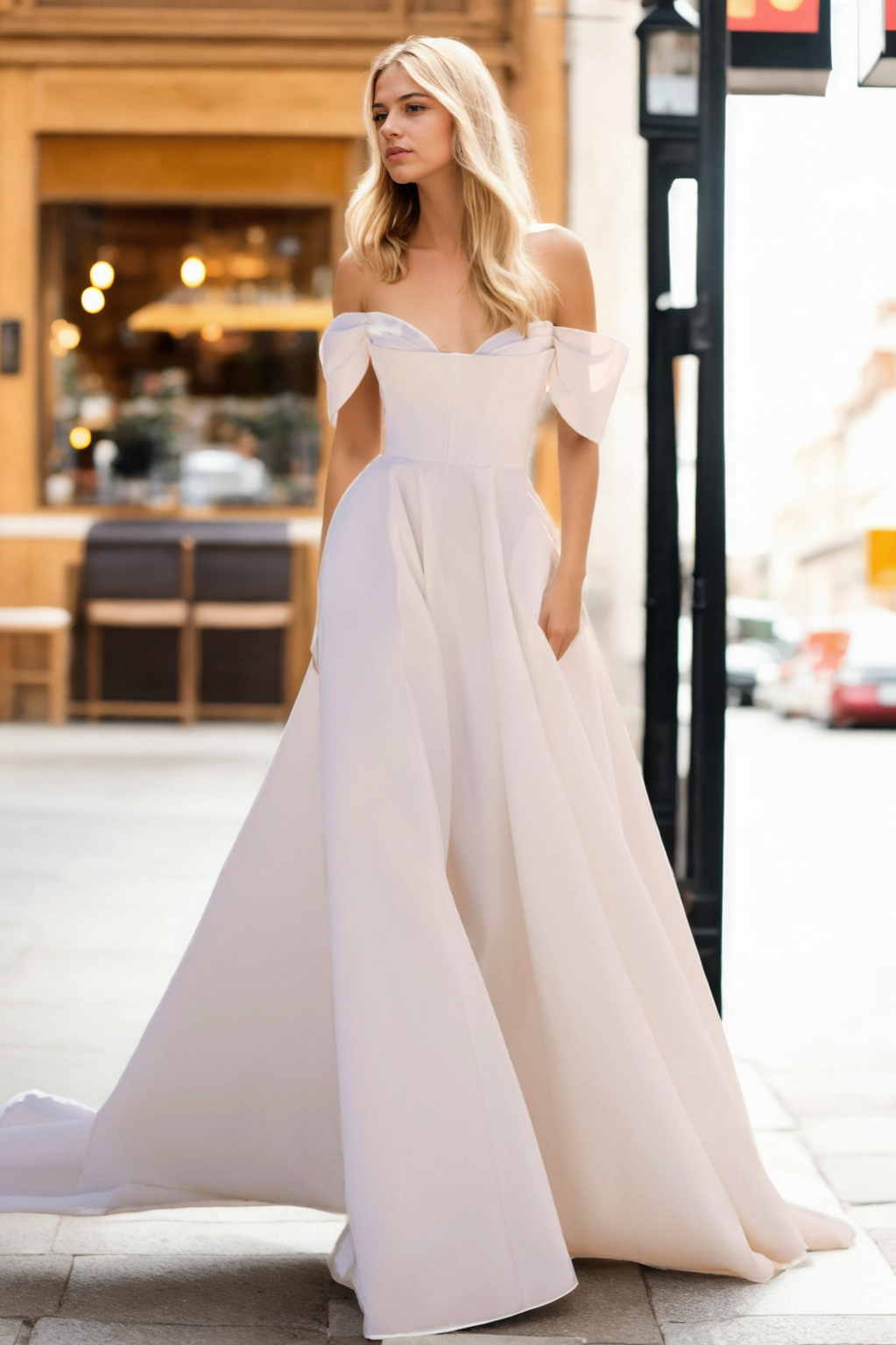 Minimalist Off-White Satin A-Line Bridal Gown With Sweetheart Neckline, Off-Shoulder Design, And Elegant Lace-Up Back