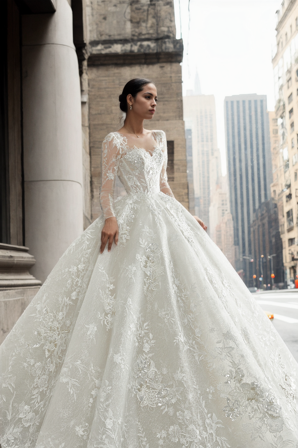 Personalized Royal Ball Gown Bridal Dress With Sweetheart Neckline, Long Sleeves, And Grand Full Skirt In Premium Off-White Floral Lace And Sparkling Tulle