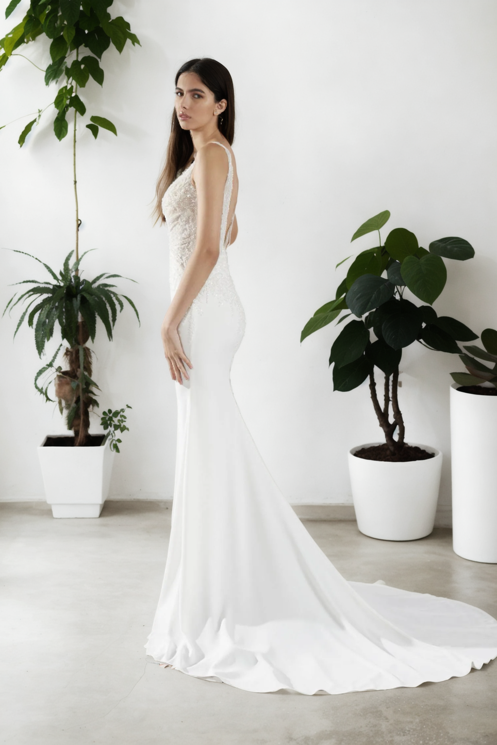 Custom Off-White Satin Mermaid Wedding Dress with Beading & Flared Train