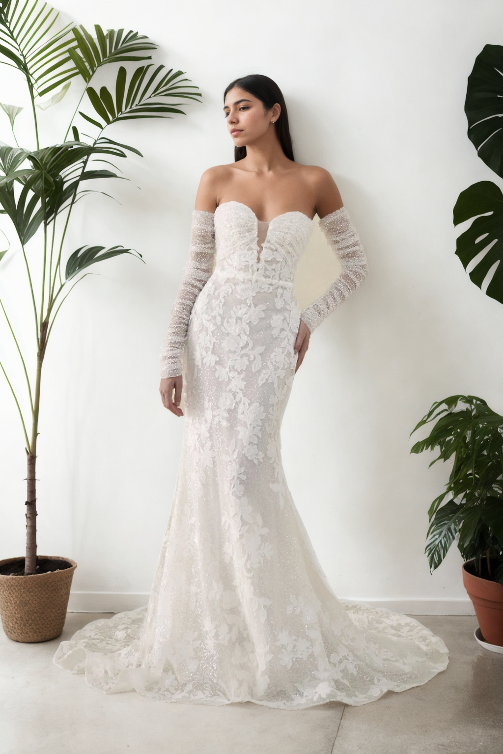 Custom Minimalist Sheath Bridal Gown In Premium Ivory Floral Lace And Tulle With Beading, Plunging Sweetheart Neckline, Detached Long Sleeves, And Flowing Train