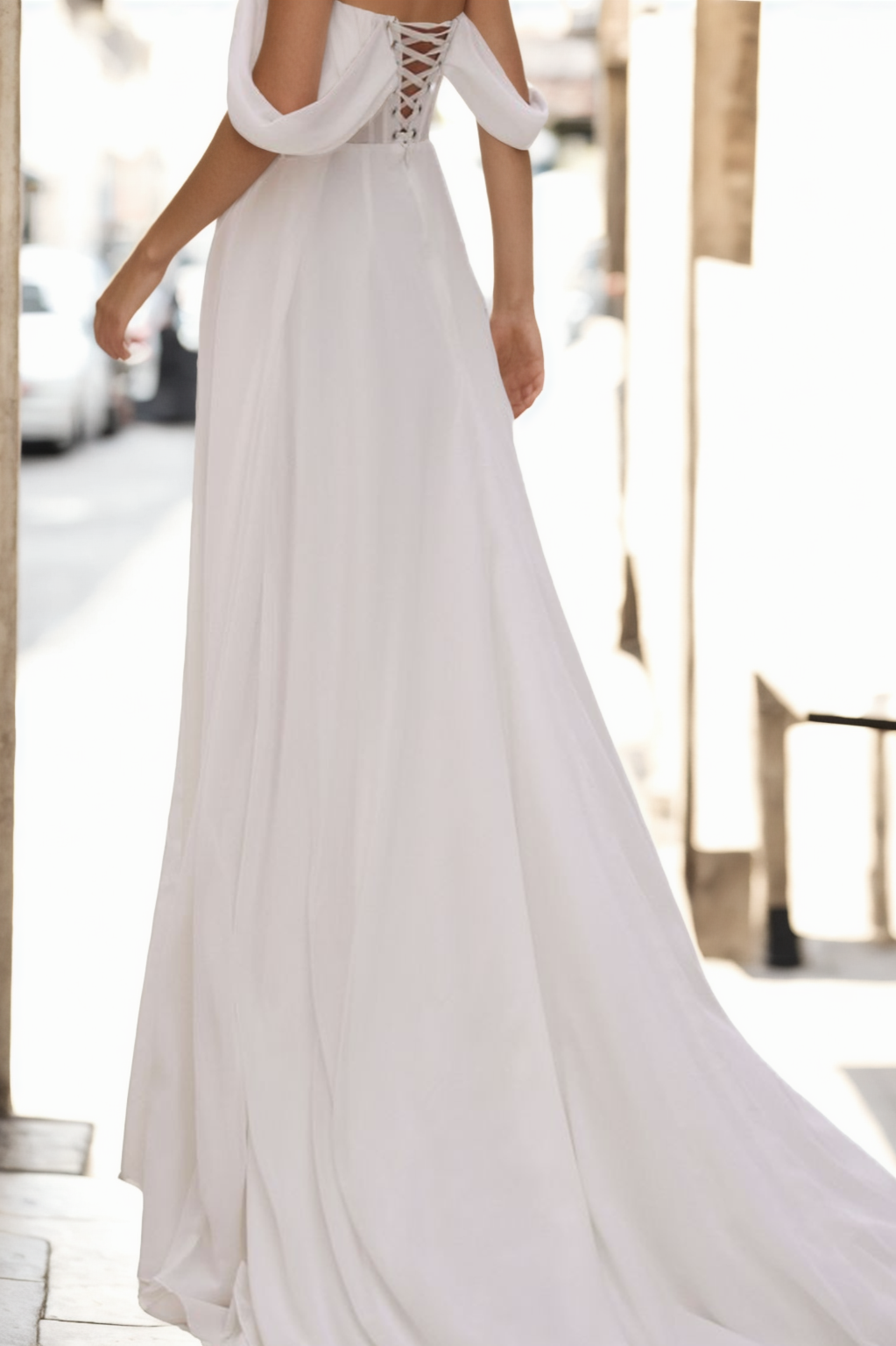 Chic Off-White Satin Mermaid Bridal Gown With Straight Neckline, Off-Shoulder Design, And High Slit Train