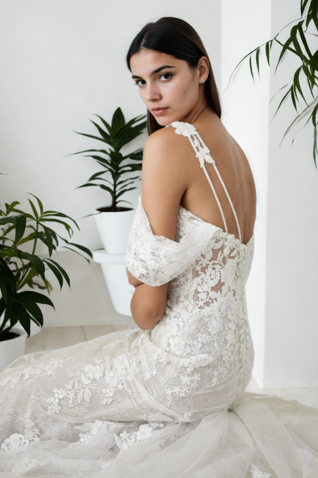 Custom Elegant Mermaid Bridal Gown In Premium Ivory Floral Lace And Tulle With Plunging Off-Shoulder Neckline, Spaghetti Straps, And Luxurious Long Train