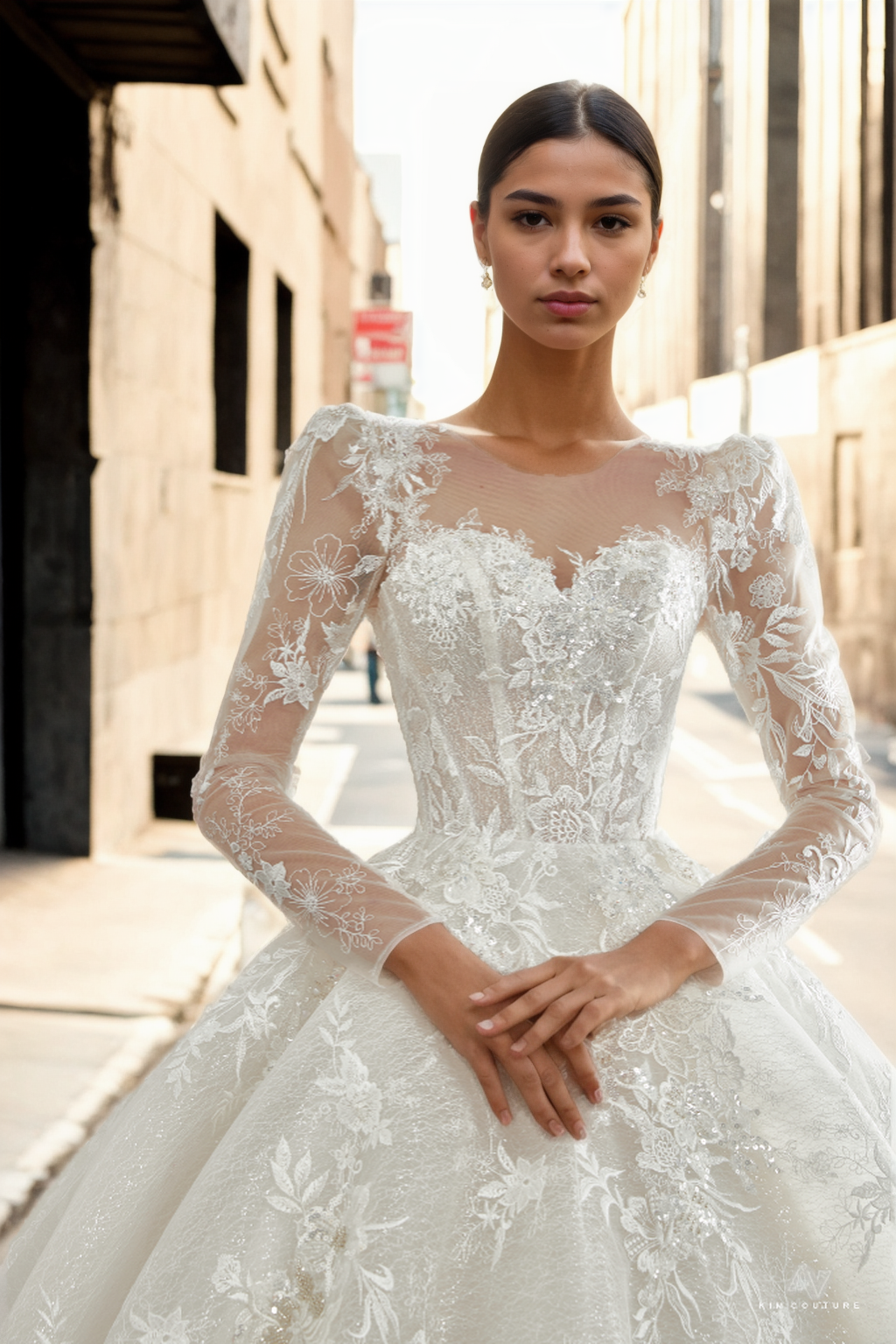 Personalized Royal Ball Gown Bridal Dress With Sweetheart Neckline, Long Sleeves, And Grand Full Skirt In Premium Off-White Floral Lace And Sparkling Tulle